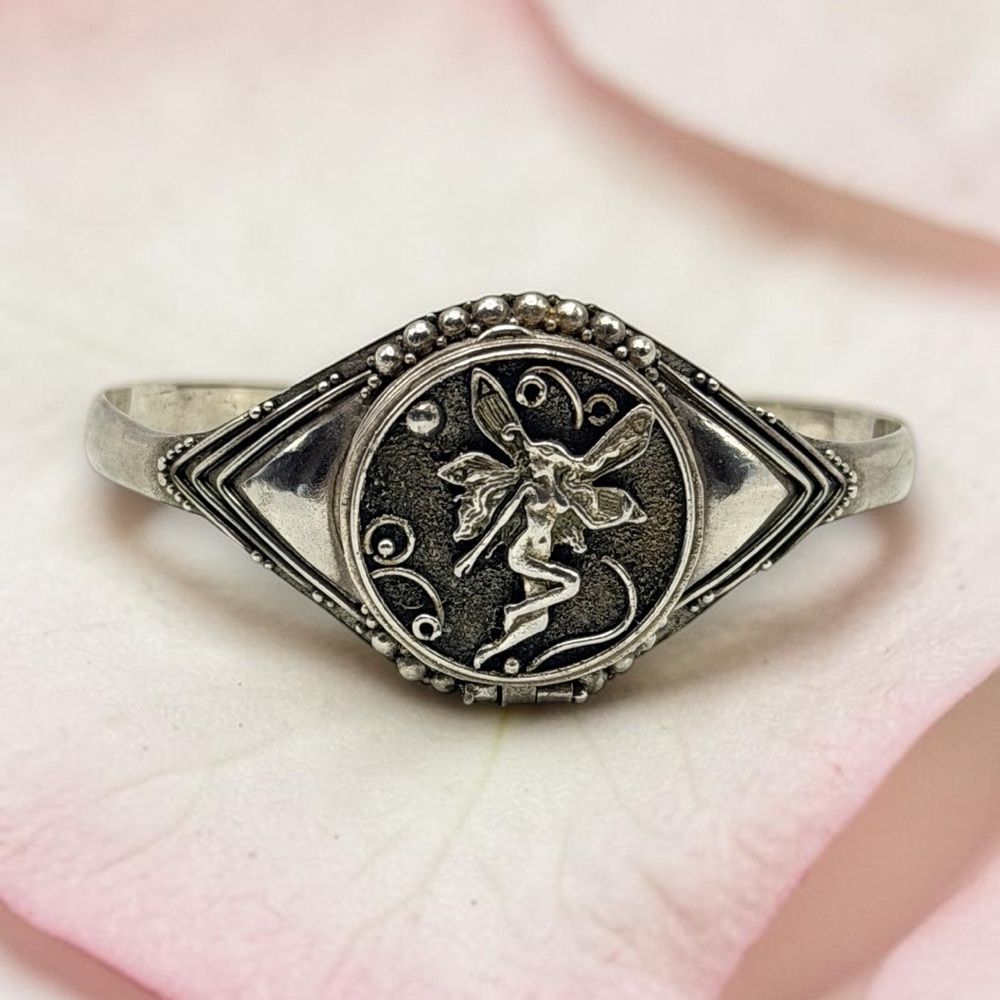 Vtg 925 Sterling Silver Fairy Poison Locket Cuff Bracelet 6.75” Gothic Fantasy
